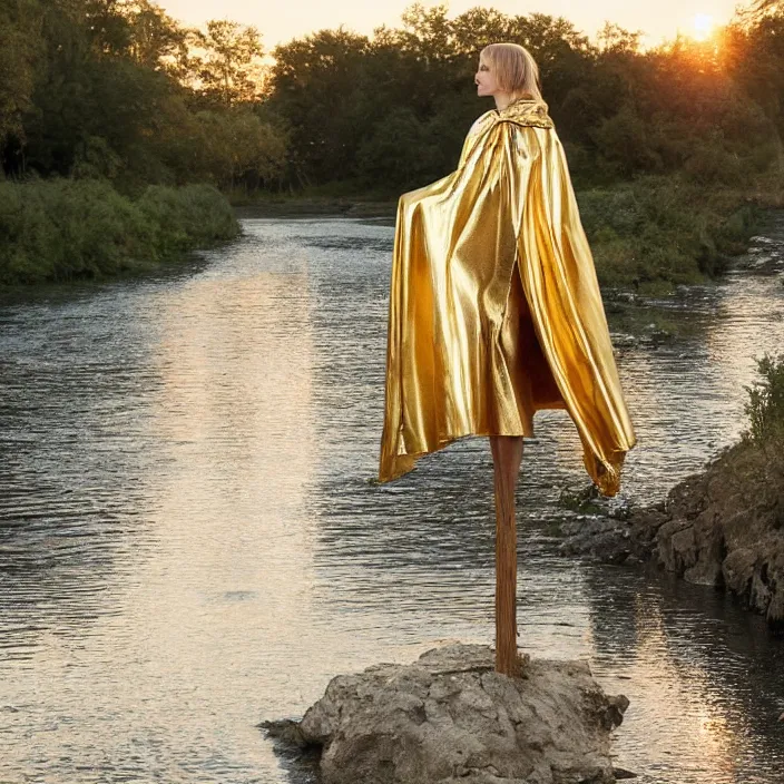 Prompt: a woman wearing a gold cloak made of wire and computer chips standing next to a river, golden hour, vogue magazine