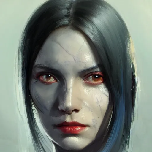 Image similar to portrait of a woman by Greg Rutkowski, blue skin, red eyes, black hair with two strand around her face, authority figure, secretary general of the galactic alliance, wearing black uniform, Star Wars Expanded Universe, highly detailed portrait, digital painting, artstation, concept art, smooth, sharp foccus ilustration, Artstation HQ