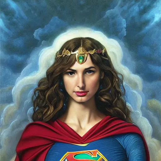 Image similar to Head and shoulders masterpiece portrait oil painting of the beautiful goddess Gal Gadot as Supergirl, she is wearing roman clothes and a surreal jewelry, her hair is natural disheveled, she is approaching heaven over the clouds, naturalism, dramatic lighting, high-detailed oil painting by Ilya Repin, Michelangelo da Caravaggio, William Blake, Alex Grey and Beksinski, trending on Artsation, hystorical painting, naturalism, masterpiece, full body shot, 4k, 8k,