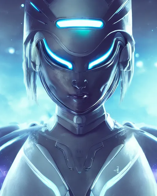 Image similar to perfect android girl on a mothership, warframe armor, beautiful face, scifi, futuristic, galaxy, nebula, raytracing, dreamy, long white hair, blue cyborg eyes, sharp focus, cinematic lighting, highly detailed, artstation, divine, by gauthier leblanc, kazuya takahashi, huifeng huang