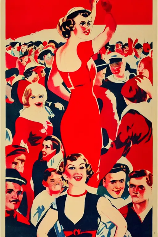 Prompt: a beautiful white girl standing in the crowd of workers, red background, trending on vintage poster style