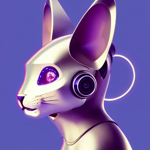 Prompt: product photo of a futuristic stylized pet robot, kitten puppy bunny mix, kindchenschema, large ears, large tail, by artgerm and greg rutkowski and marc newson, alphonse mucha, zaha hadid, side view, volumetric light, detailed, octane render, midsommar - t