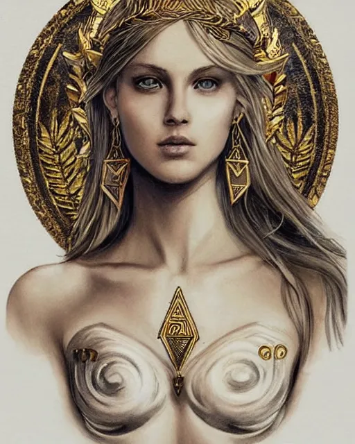 Image similar to tattoo design sketch of cute beautiful blonde super model as aphrodite greek goddess wearing a gold laurel wreath and triangle earrings, beautiful piercing gaze with sharp pupils, in the style of greg rutkowski, fantasy, amazing detail, epic, elegant, smooth, sharp focus, front view