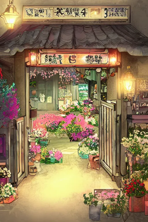 Prompt: a little flower shop's front gate, nostalgic, digital illustration, dramatic lighting, pixiv