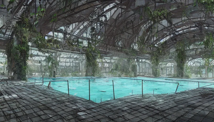 Image similar to Concept art of a dusty abandoned indoor pool in London covered by vegetation, raining outside, hyperdetailed, artstation, cgsociety, 8k