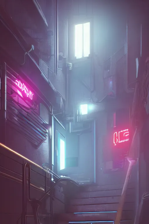 Prompt: a basement staircase, neon lights, cyberpunk style, digital painting, concept art, smooth, sharp focus, hyperrealistic, illustration, artstation trending, octane render, unreal engine, ambient light, dynamic lighting, magical, dark vibes, Cyberpunk 2077