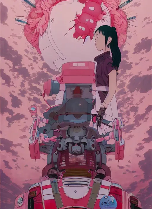 Image similar to Artwork by James Jean, Phil noto and hiyao Miyazaki; a young Japanese future samurai police girl named Yoshimi battles an enormous looming evil natured soft carnivorous pink robot on the streets of Tokyo; Japanese shops and neon signage; crowds of people running; Art work by studio ghibli, Phil noto and James Jean