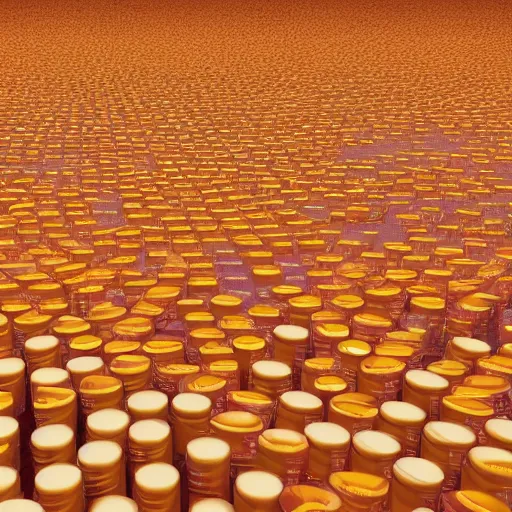 Prompt: 1 0 0 0 0's of yellow - orange colored lip balm tubes in scattered in giant piles, high detail, shaded, backlit, glossy, ultrawide angle, octane render