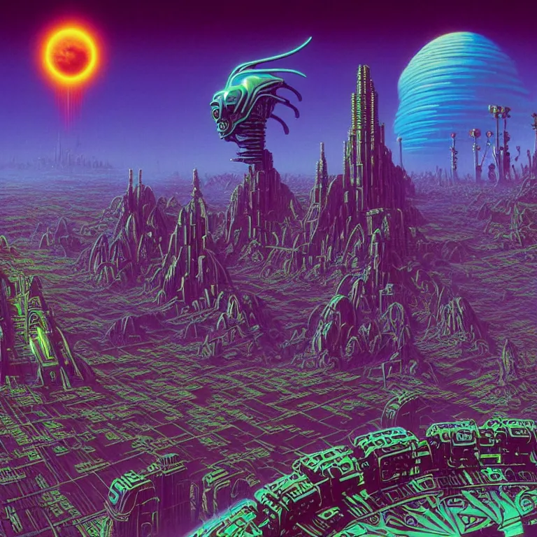 Prompt: giant menacing robot over mystical alien city, synthwave, fractal waves, bright neon colors, highly detailed, cinematic, tim white, roger dean, michael whelan, caza, bob eggleton, philippe druillet, vladimir kush, kubrick, alfred kelsner, vallejo