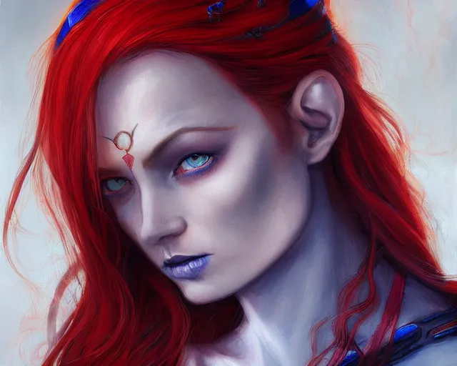 Image similar to A detailed matte oil on canvas head on symmetrical portrait of a distinguished elven woman with red and blue hair on an empty background, by Charlie bowater, Lise Deharme, Wlop, trending on artstationhd, dungeons and dragons art, parted hair , half blue, half red , split dye, critical role