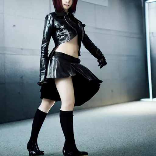 Image similar to a dynamic, epic cinematic 8K HD movie shot of a japanese young J-Pop idol girl wearing leather jacket, miniskirt, nylon tights and high heels boots. Motion, VFX, Inspirational arthouse