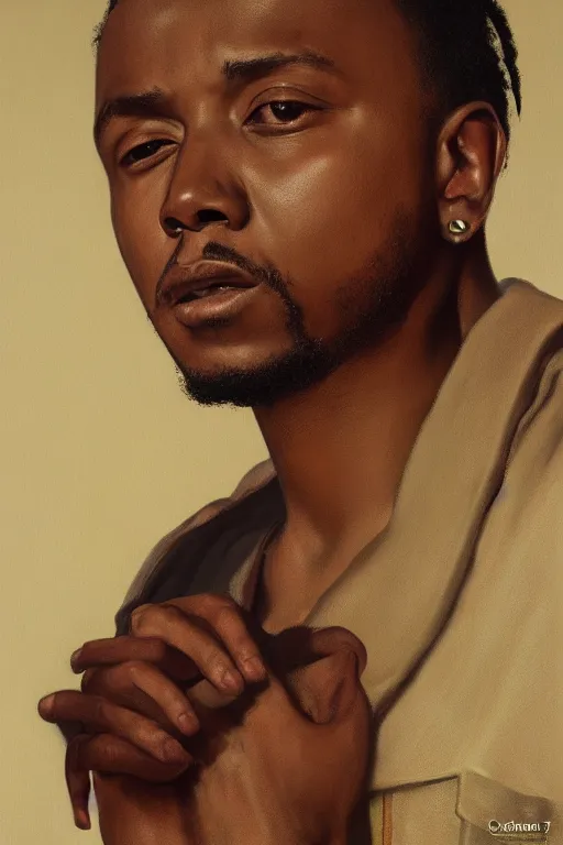 Image similar to Kendrick Lamar, oil on canvas, artstation, by Basquiat, J. C. Leyendecker and Edmund Blair Leighton and Charlie Bowater, octane render