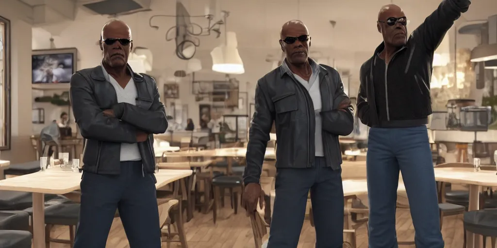 Image similar to highly detailed full - body samuel l jackson and john travolta posing in cafe, perfect symmetrical eyes, by eddie mendoza and tyler edlin, 8 k resolution