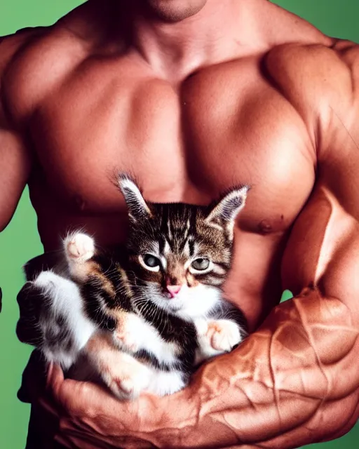 Image similar to muscular man holding a kitten in his hand, vaperwave background, color studio portrait, golden ratio, backlit, detailed eyes