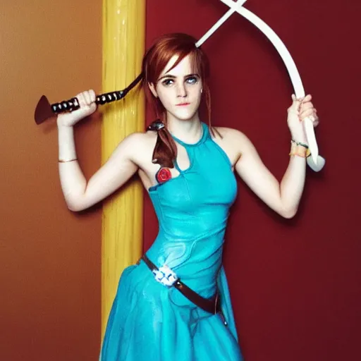 Image similar to a full body photo of emma watson as nami from one piece holding a trident in one hand, award winning photography, 50 mm, perfect faces.