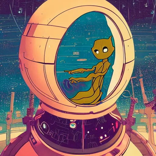 Image similar to baby groot in the space ship, by victo ngai