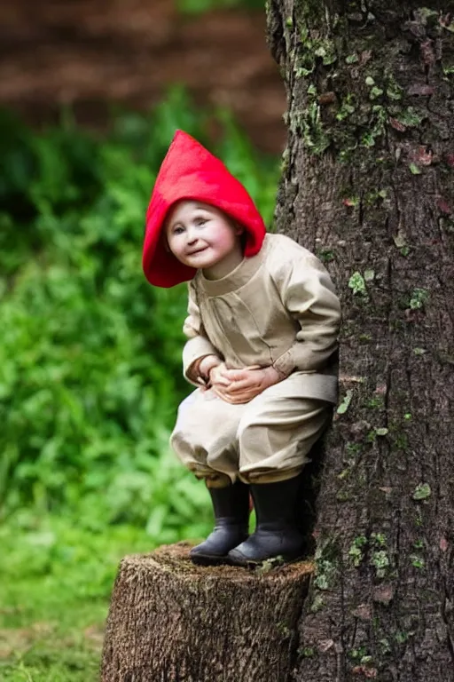 Prompt: a living garden gnome poking her head up out of a stump