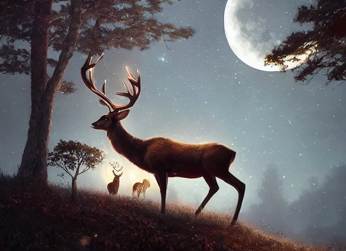 Prompt: giant deer with golden antlers, moonlight, art by artgerm and greg rutkowski, cinematic shot, intricate, photorealistic, artstation, realistic, 1 0 0 mm, photography, octane, high definition, depth of field, bokeh, 8 k