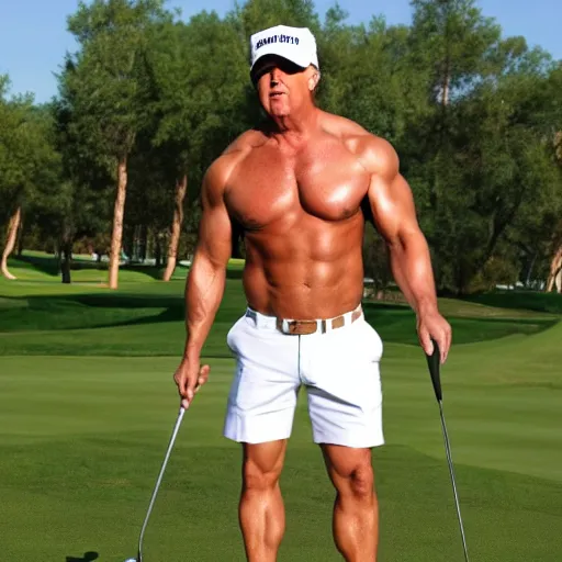 Image similar to trump body builder perfect physique short white shorts playing golf