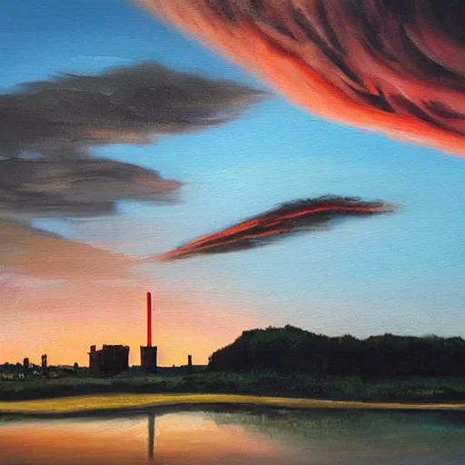 Image similar to “dramatic painting of industrial smokestacks piercing a layer of black clouds, with a background of red clouds lit by a sunset, in the style of the Hudson River school”