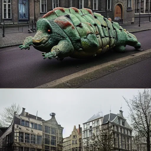 Prompt: ankylosaur in ghent belgium, by simon stalenhag