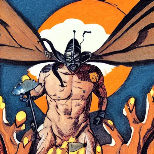 Prompt: ripped physique winged man disguised as a mothra whilst wearing a traffic cone hat transmetropolitan jen bartel winslow homer darick robertson staedtler