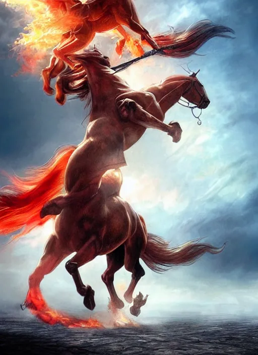 Prompt: the first singular horseman of the apocalypse riding a strong big red stallion, horse is running, the rider carries a large sword, flames from the ground, artwork by artgerm and rutkowski, breathtaking, dramatic