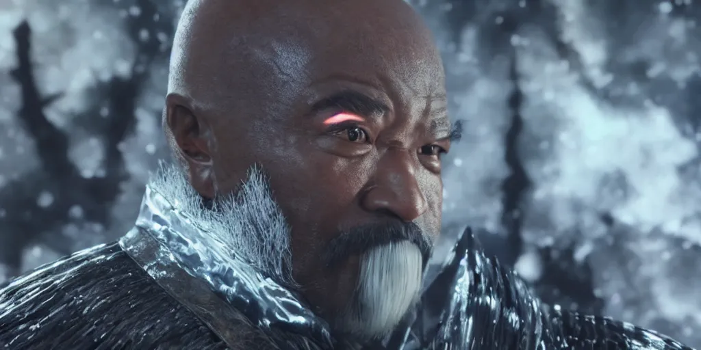 Image similar to a film still of a black man starring in a japanese blockbuster film as heihachi from tekken 7, shallow depth of field, cinematic, award winning cgi, vfx, film still