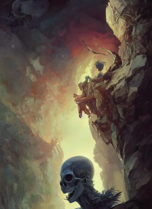 Prompt: a portrait of a male character who has the nose of a skull in a scenic environment by Ross Tran and by Jesper Ejsing and by Mikalojus Konstantinas Ciurlionis