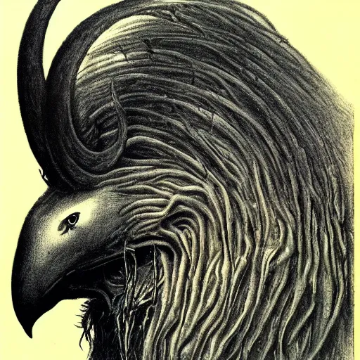 Image similar to a creature with the body and eyes of a man, with the beak of an eagle, the mane of a lion, and the horns of an ox. drawn by zdzislaw beksinski and giger, dark blue