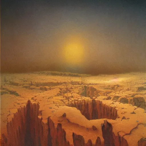 Prompt: a barren hellscape populated by demons, painted by thomas kinkade and zdzisław beksinski