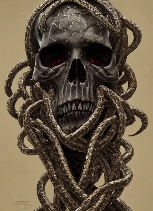 Prompt: A fancy portrait of a skull wrapped in snakes by Greg Rutkowski, Sung Choi, Mitchell Mohrhauser, Maciej Kuciara, Johnson Ting, Maxim Verehin, Peter Konig, Bloodborne, 8k photorealistic, cinematic lighting, HD, high details, dramatic, atmospheric , trending on artstation