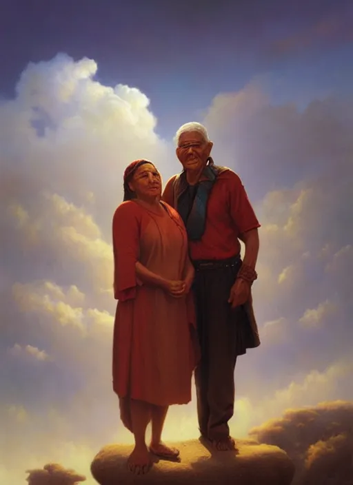 Image similar to portrait of indigenous grandfather and grandmother in the clouds, smiling, protection, benevolence, ancestors, art by christophe vacher