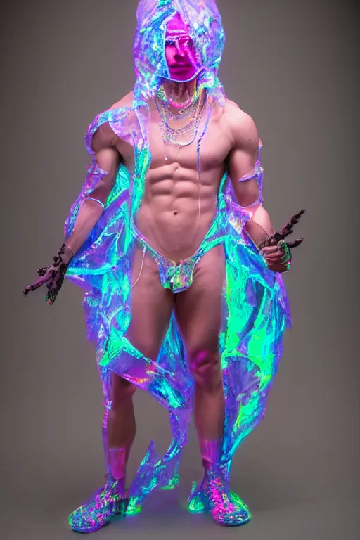 Prompt: full-body rococo and cyberpunk delicate neon crystalline sculpture of ((muscular albino prince Nick Jonas)) (((con la piroca dura))) as an iridescent humanoid deity wearing a thin see-through ((plastic hooded cloak)) sim roupa (holding a human skull), reclining con (((las piernas abiertas))), glowing pink face, crown of (white lasers), large diamonds, swirling black silk fabric. futuristic elements. oozing glowing liquid, full-length view. space robots. intricate artwork by caravaggio. Trending on artstation, octane render, cinematic lighting from the right, hyper realism, octane render, 8k, depth of field, 3D