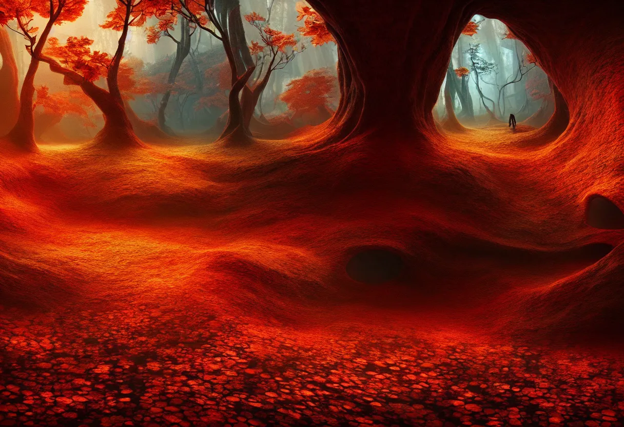 Prompt: inside of alien autumn colored flowing landscape of human mind and imagination, matte painting, beautiful render, octane render, concept art