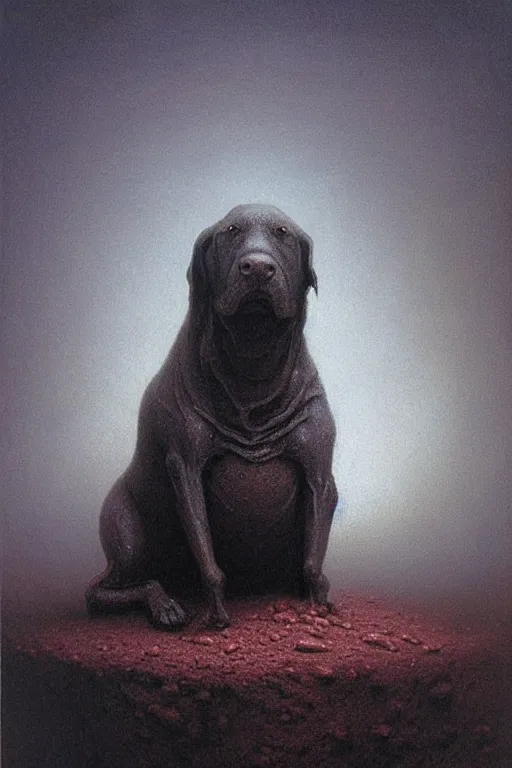 Prompt: painting of a very cute dog, dog is made of baked beans, baked bean skin texture, by zdzislaw beksinski, by dariusz zawadzki, by wayne barlowe, gothic, surrealism, cosmic horror, lovecraftian, cold hue's, warm tone gradient background, concept art, beautiful composition