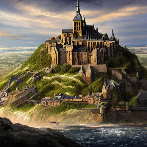 Prompt: landscape of Mont Saint-Michel under attack by dragons, high fantasy, highly detailed digital art