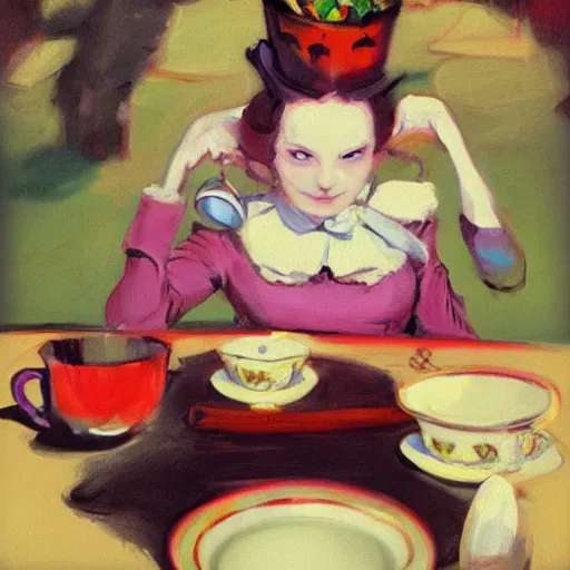 Image similar to tea time, Alice in Wonderland by Malcolm Liepke, hyper realism, 8k, trending on artstation