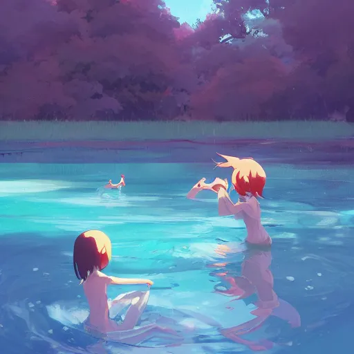 Image similar to summer camp, children playing in water, gorgeous, amazing, highly detailed, digital painting, artstation, concept art, sharp focus, illustration, art by makoto shinkai and thomas kindle and James gilleard