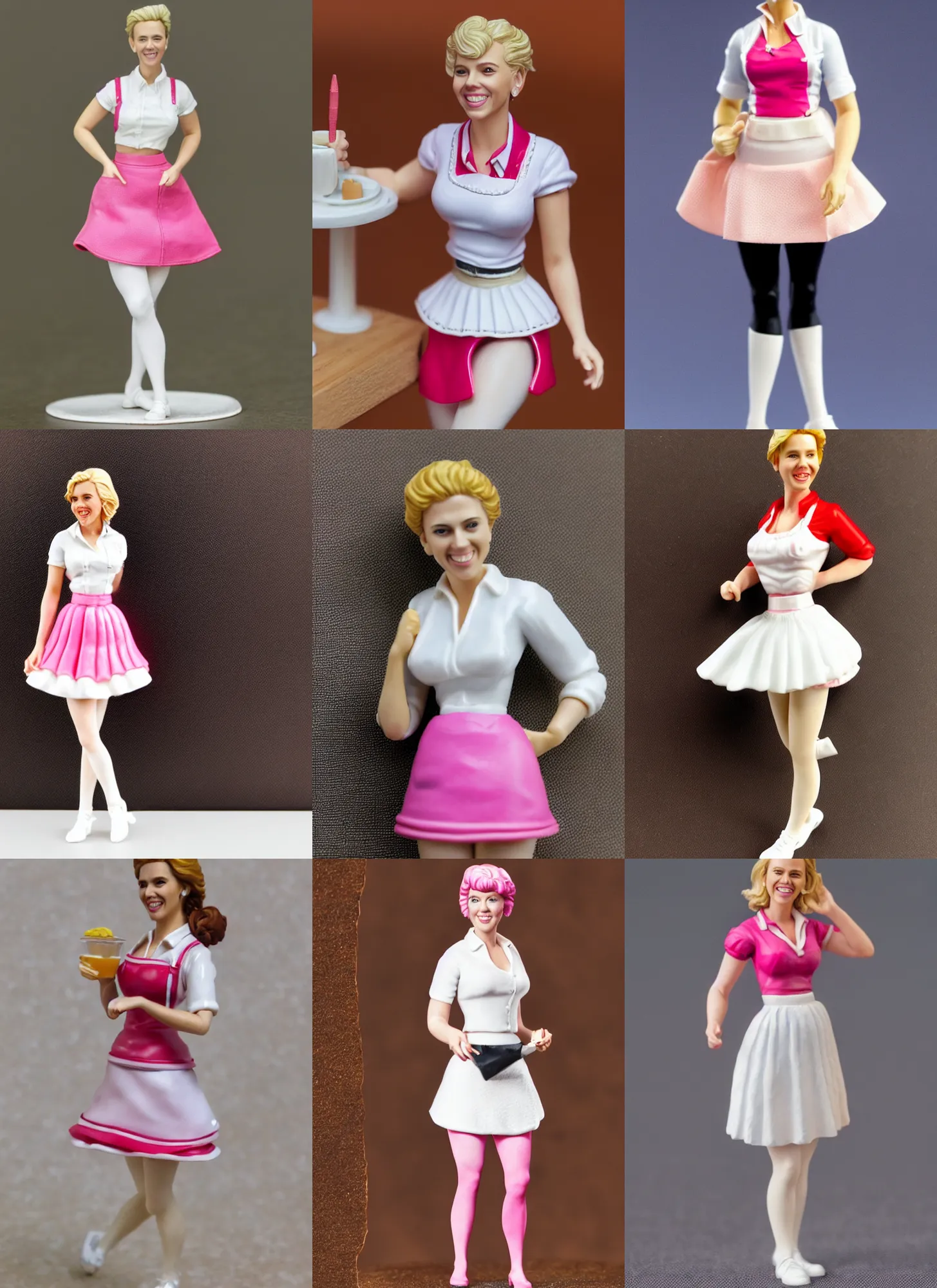 Prompt: 80mm resin detailed miniature of a Scarlett Johansson as Waitress, white blouse, Pink tight mini-skirt, white apron, White tights, smile, on textured base; Miniature product Photos, 4K, Full body;