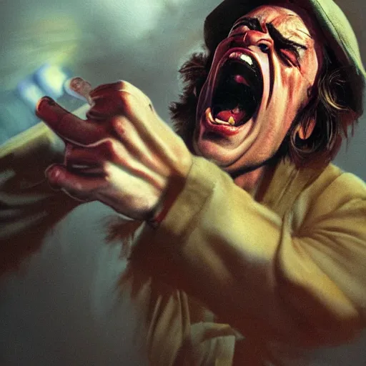 Image similar to Jack Nicholson Screaming as he is breaking out of the TV, highly detailed, excellent composition, cinematic concept art, dramatic lighting, trending on ArtStation