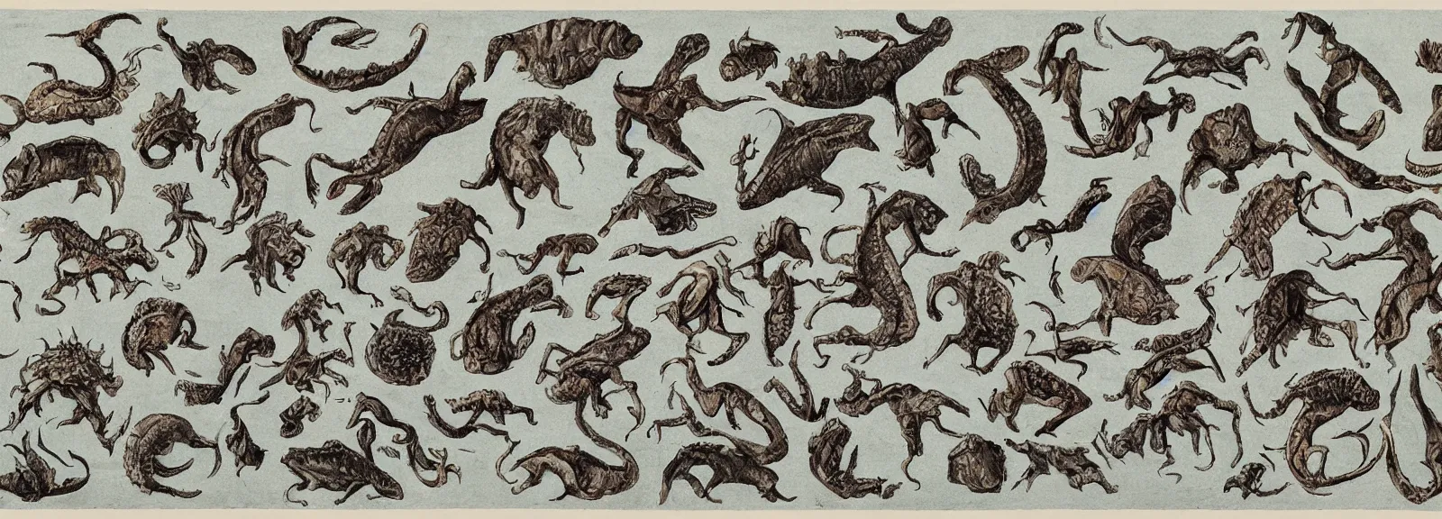 Image similar to prehistoric sea floor animals in the style of theodore gericault