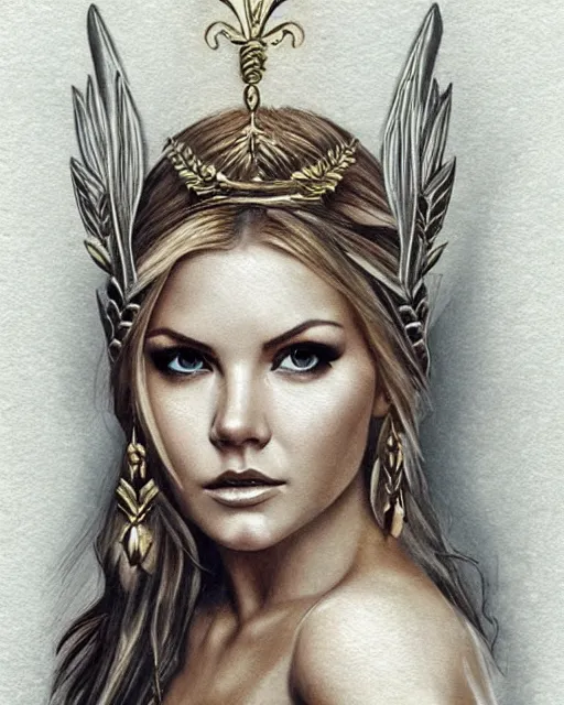 Prompt: realism tattoo sketch of elisha cuthbert as a beautiful greek goddess aphrodite with piercing eyes wearing a laurel wreath and triangle earrings, in the style of greg rutkowski, amazing detail