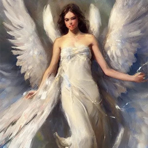 Image similar to a beautiful portrait of an angel with pretty face and her huge white wings spread out painted by gerhartz, highly detailed, beautiful, back lit, graceful and elegant, ethereal.