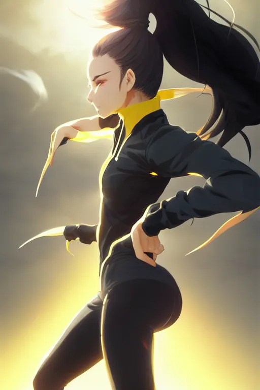 Image similar to black ponytail hair, pale woman in a black zipper jacket, yellow eyes, by artgerm, hair tied in a ponytail, white backdrop, soft lighting, fighting pose, dynamic angle, by greg rutkowski makoto shinkai takashi takeuchi