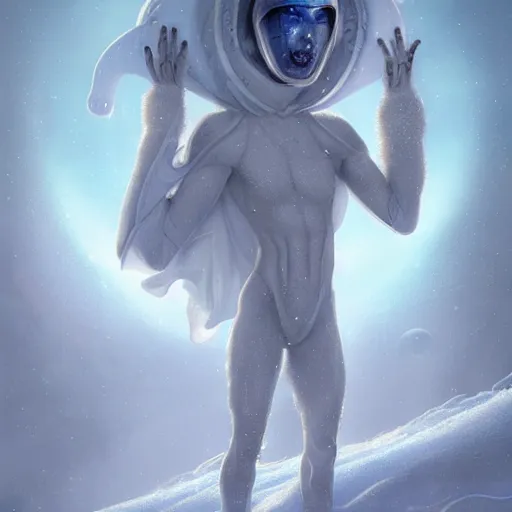 Image similar to a hyperrealistic illustration of an alien in the Arctic, white long clothes, snow on the body, blue transparent ice with fractal sunlight, award-winning, masterpiece, in the style of Tom Bagshaw, Cedric Peyravernay, Peter Mohrbacher