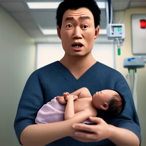 Prompt: shocked asian man holds nigerian baby at hospital, he can ’ t believe his eyes, award winning art, pixar, 3 d render, unreal engine
