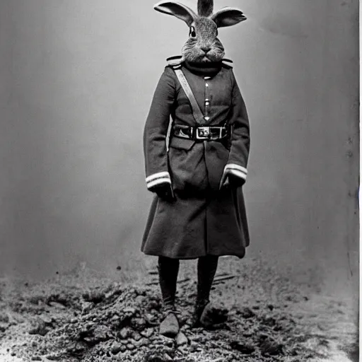 Prompt: A rabbit wearing a Russian ww1 uniform, posing in a trench, black and white grainy photograph