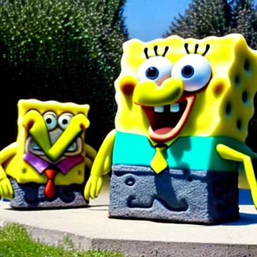 Image similar to spongebob squarepants, stone sculpture.