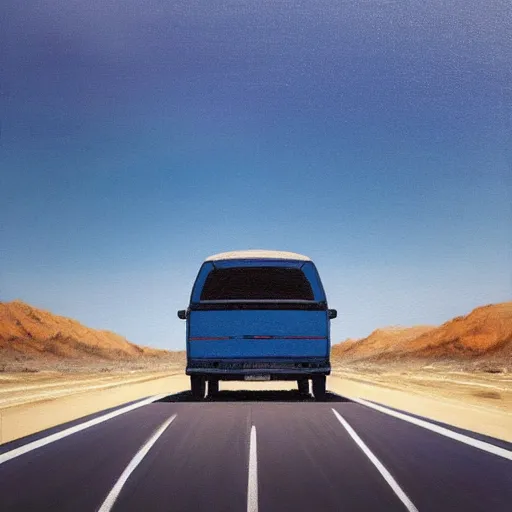 Image similar to a beautiful painting of a lone blue van driving down a single highway running through a deserted nevada highway, drawn by todd macfarlane and greg rutkowski.